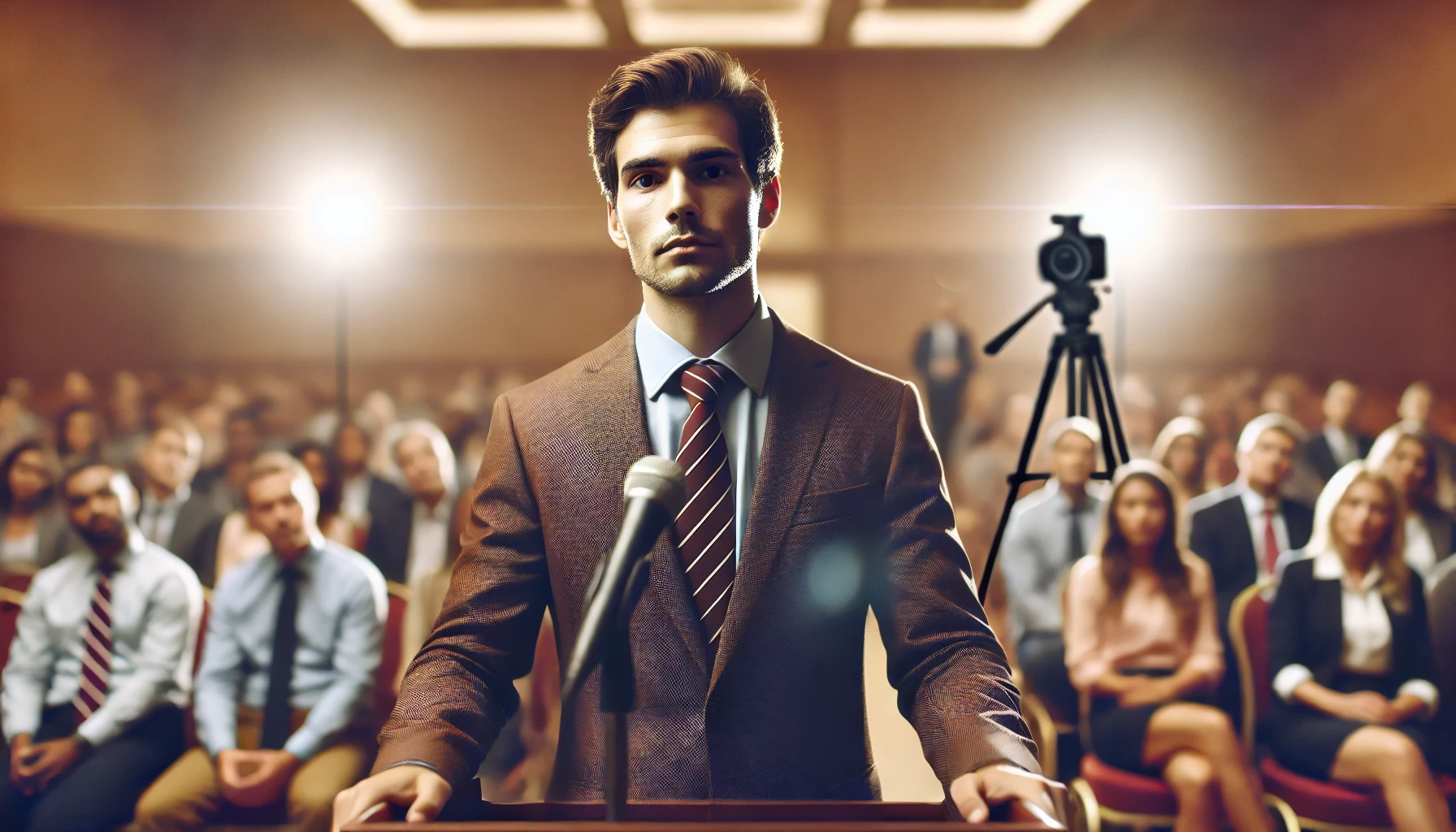 A close-up photograph of a confident business leader at a podium, delivering an apology, with an expression of sincere regret and responsibility. Behind them, a large audience with diverse reactions. The background is a professional conference room, soft warm lighting, and subtle shadows. DSLR camera, professional lighting setup, soft focus, audience in slight blur, corporate setting, neutral colors, focus on emotion and posture, lens flare to suggest media presence.