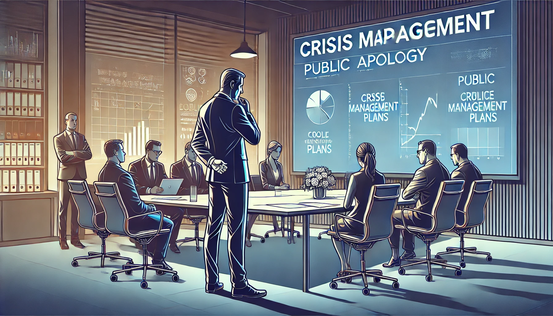 A detailed illustration of a corporate team in a boardroom, looking at crisis management plans on a digital screen, preparing a public apology. The leader stands in front of the screen, addressing the team with determination. The background shows subtle office elements and digital charts. Cool and warm lighting balance highlights the urgency. Vector art, clean lines, soft gradients, digital elements, focus on body language, corporate aesthetic, modern office design, light contrasts.