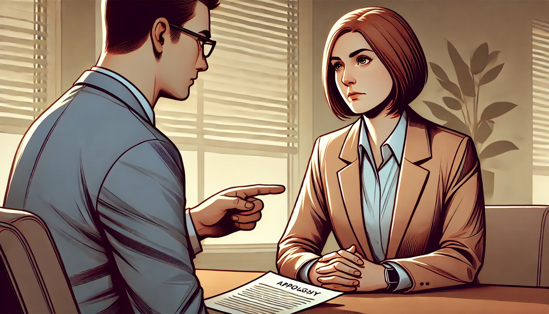 A close-up illustration of two colleagues in a professional setting, one offering a sincere apology, while the other listens intently. The apologizer is pointing toward a specific document on the table, symbolizing accountability for a missed deadline. The background shows an office environment with soft lighting, highlighting the emotional tone. Vector art, clean lines, muted colors, emphasis on facial expressions, professional office setting, soft shadows, warm tone palette.