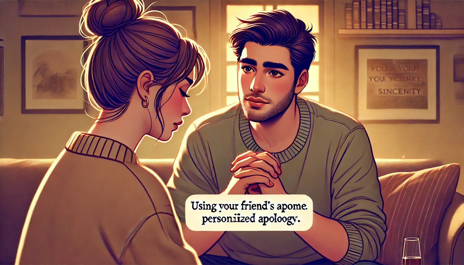 A close-up illustration of two friends sitting together, one offering a heartfelt, personalized apology. The apologizer is using the friend’s name and making eye contact, while the friend listens attentively. The background shows a cozy setting with warm lighting, symbolizing emotional connection and sincerity. Vector art, soft gradients, warm tones, emphasis on body language, clean lines, intimate atmosphere.