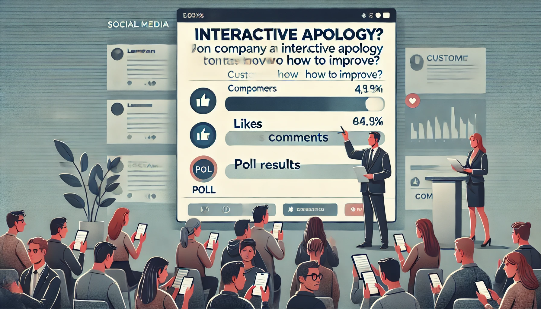 An illustration of a company issuing an interactive apology on social media, with a poll asking customers for feedback on how to improve. Customers are shown responding, with visible likes, comments, and poll results on the screen. The background shows a modern digital interface with company branding. Vector art, clean lines, muted colors, social media interface, focus on customer engagement, modern aesthetic.