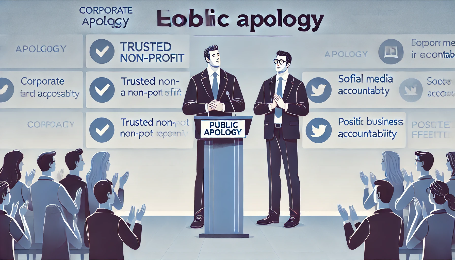 An illustration of a corporate executive delivering a public apology with a trusted non-profit representative beside them. Both are standing at a podium, showing a united front. Behind them, social media feeds display positive feedback from the audience. The background features company branding, symbolizing trust and accountability. Vector art, clean lines, corporate aesthetic, soft gradients, focus on collaboration, modern business environment.