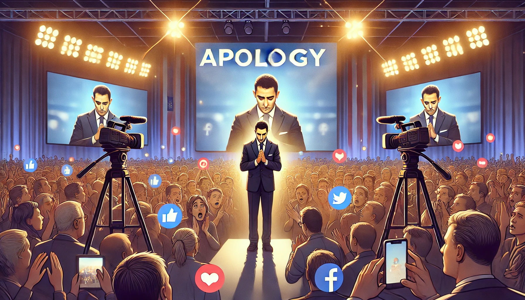 A digital illustration of a public figure on stage during a live event, expressing an apology to a large audience. The figure appears sincere, with hands clasped and an empathetic expression, audience reactions shown through shocked and supportive faces. Background shows cameras, bright stage lights, and social media icons floating above the crowd. Glowing screens capture the apology in real-time. Lighting highlights tension, with warm tones spotlighting the figure, and cooler tones in the background. Created using digital painting tools, social realism art movement, soft brush strokes, digital screens, stage lighting setup, audience interaction, subtle motion blur on crowd, high-definition resolution, livestream overlay.