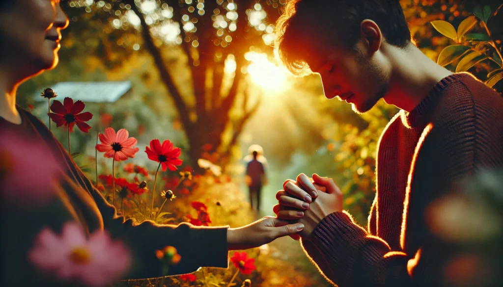 An emotional photograph of two people holding hands one apologizing with a humble expression the other accepting with a warm smile outdoors in a peaceful garden The background shows soft focus flowers in vibrant colors sunlight gently filtering through trees Warm golden light enhances the heartfelt moment shadows creating a sense of depth and intimacy Created Using high quality DSLR camera emotional realism soft lighting shallow depth of field emotional storytelling vibrant color grading delicate details dynamic contrast natural shadows soft Post-processing