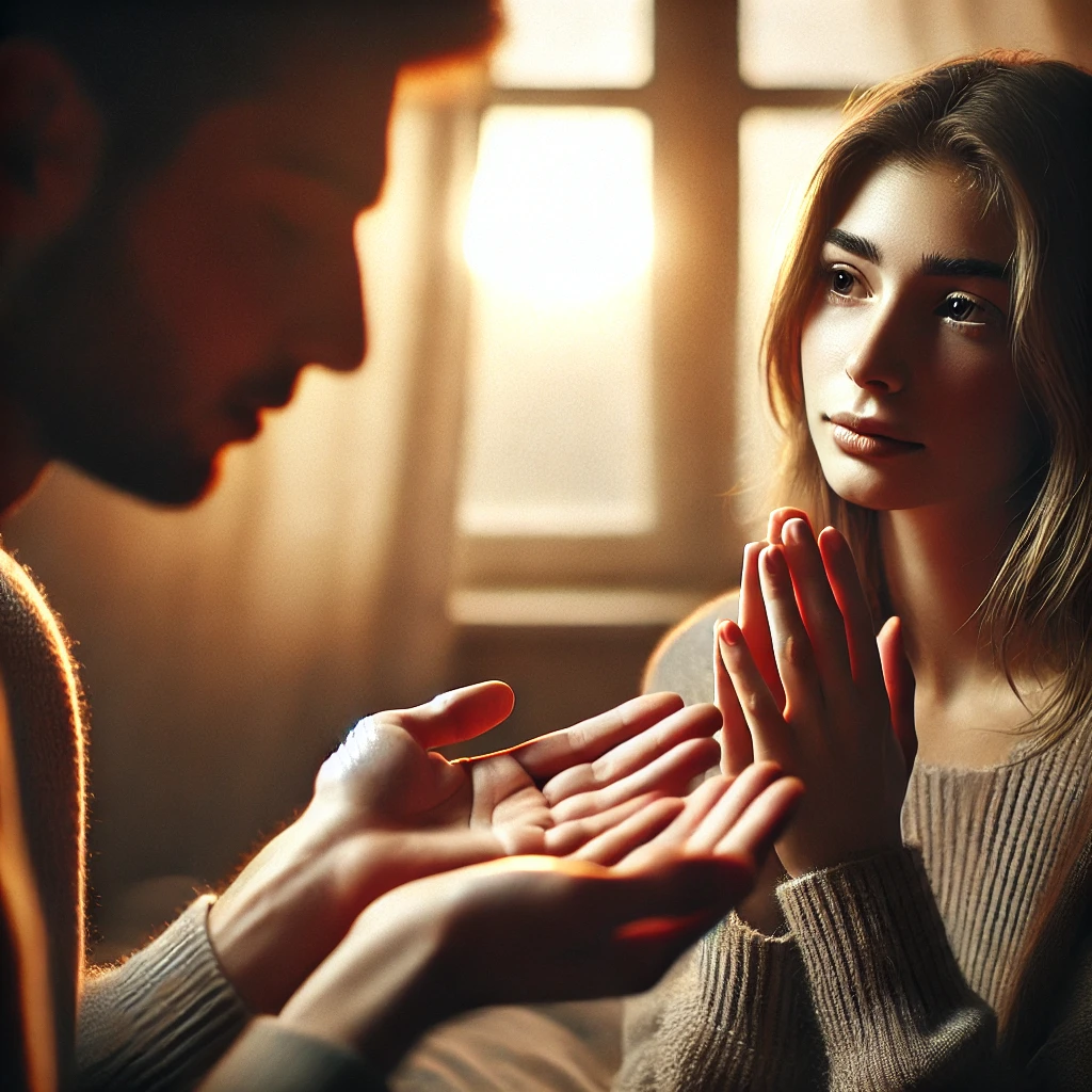 A photographic image of two people one offering an apology with a humble and sincere expression hands slightly extended in a gesture of offering The other person is listening showing a softened expression hinting at forgiveness The background is a softly lit room with warm tones reflecting comfort and understanding blurred to emphasize the emotional focus of the moment Gentle natural lighting from a nearby window soft shadows play across their faces Created using DSLR photography shallow depth of field candid capture emotive photography warm color grading soft focus on the background natural light filtering emotional storytelling relationship focused atmosphere